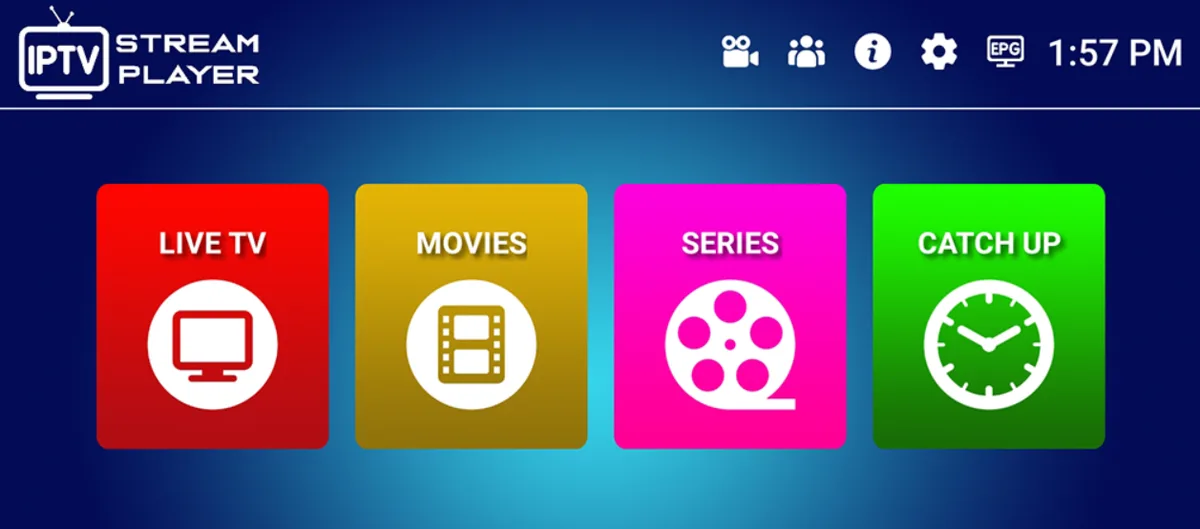 Interface application IPTV avec menu Live TV, Movies, Series