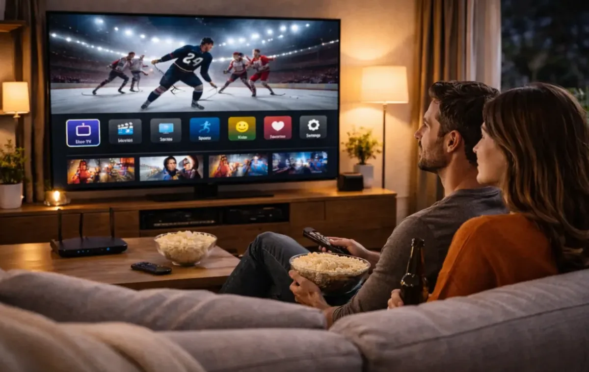 Couple regardant du sport en direct sur Smart TV avec IPTV